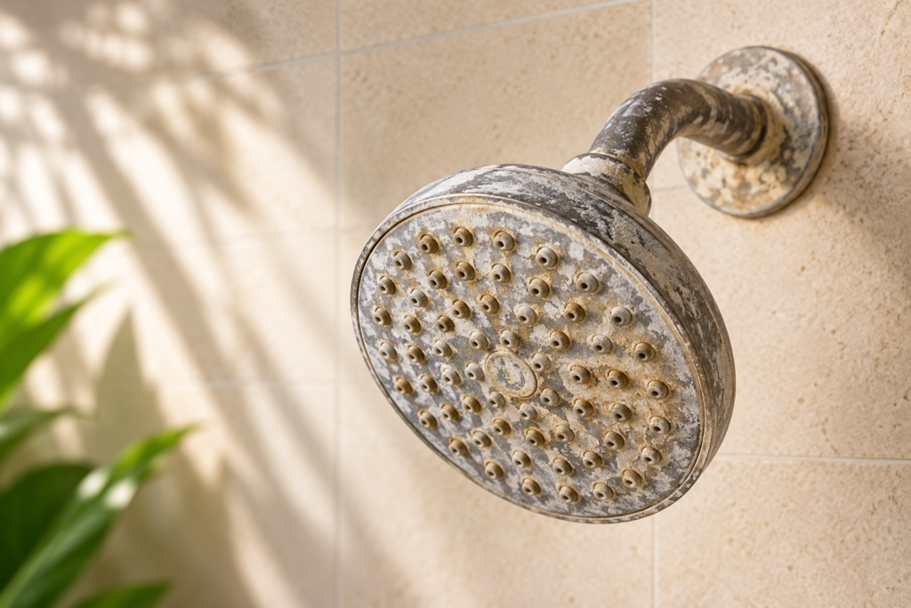 Water Education in Playa del Carmen showing mineral buildup and hard water scale on a showerhead